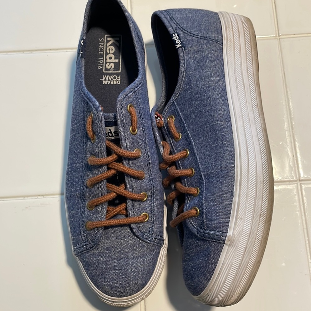 Keds denim slip ons 1” lift , laced as slides, worn a few times, sz 8